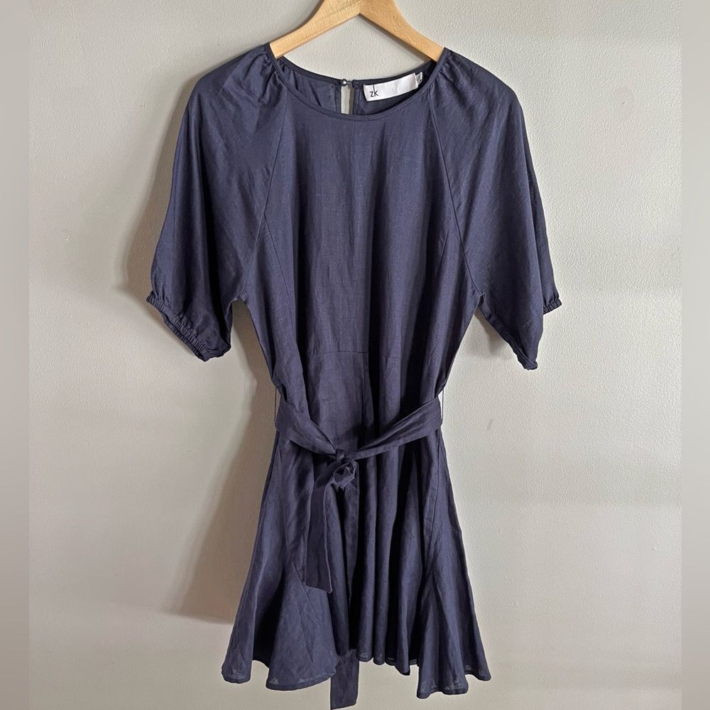 ZK Australia Linen Mini Dress Blue Gray Tie Waist Minimalist 6-8